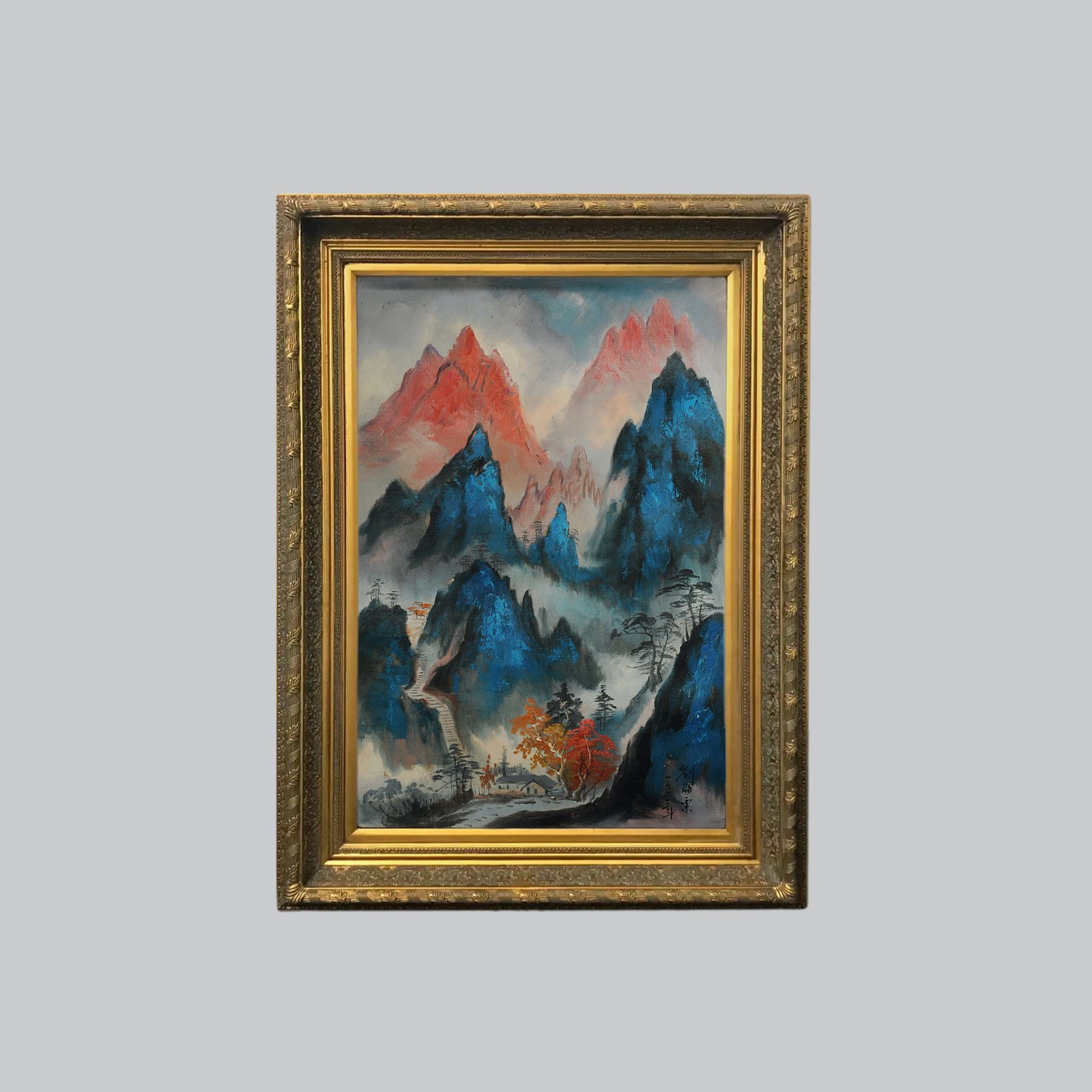 Liu HaiLI Gold Frame Oil Painting-landscape: Title: Liu HaiLI Gold Frame Oil Painting-landscape Origin: Asian private collection Date/Period: 20th Description: Size: about 98x69cm, exquisite oil painting decorative painting, home decoration artw