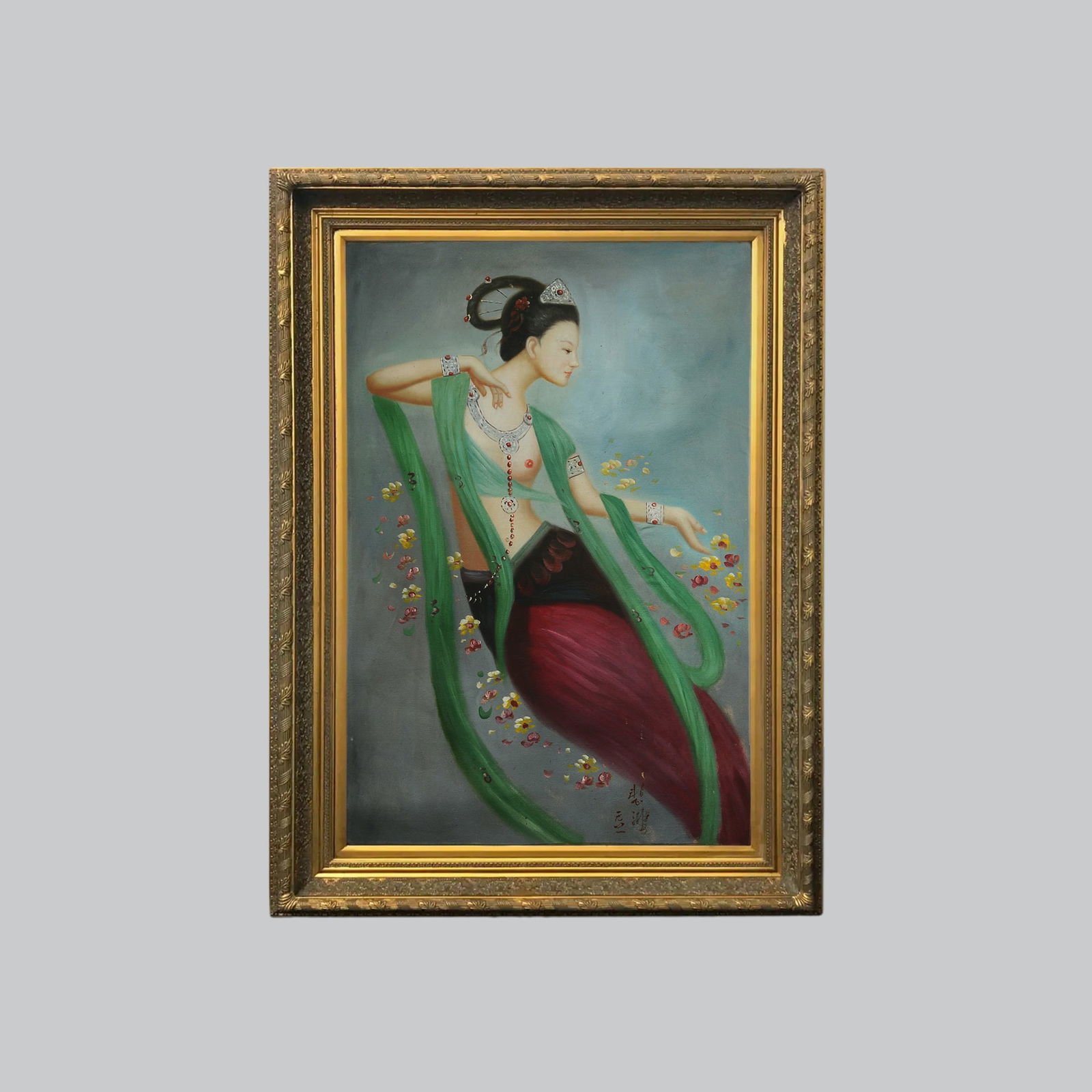 Xu Beihong Gold Frame Oil Painting - Dunhuang Buddha statue: Title: Xu Beihong Gold Frame Oil Painting - Dunhuang Buddha statue Origin: Asian private collection Date/Period: 20th Description: Size: about 101x72cm, exquisite oil painting decorative painting, hom
