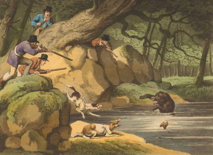 UNITED STATES CANADA. North American Bear Hunt. Dogs Guns (Edward Orme) 1814: CAPTION PRINTED BELOW PICTURE: 'North American Bear Hunt' DATE PRINTED: 1814 IMAGE SIZE: Approx 12.5 x 17.5cm, 5 x 7 inches (Small) TYPE: Antique aquatint print with original hand colouring, borders a