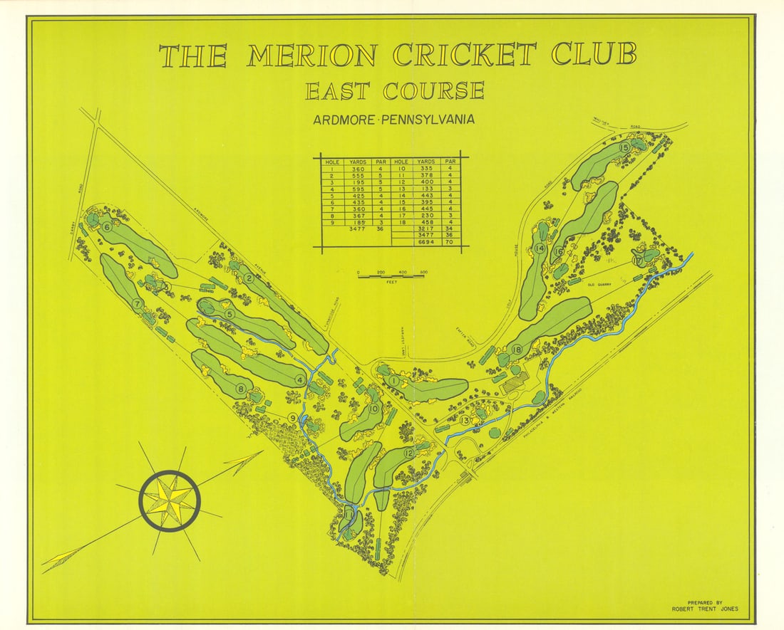 Merion Golf Club East Course, Pennsylvania. Robert Trent Jones plan 1966 map: CAPTION PRINTED BELOW PICTURE: 'The Merion Cricket Club East Course - Ardmore, Pennsylvania' DATE PRINTED: 1966 IMAGE SIZE: Approx 27.0 x 34.0cm, 10.75 x 13.25 inches (Large); Please note that this is