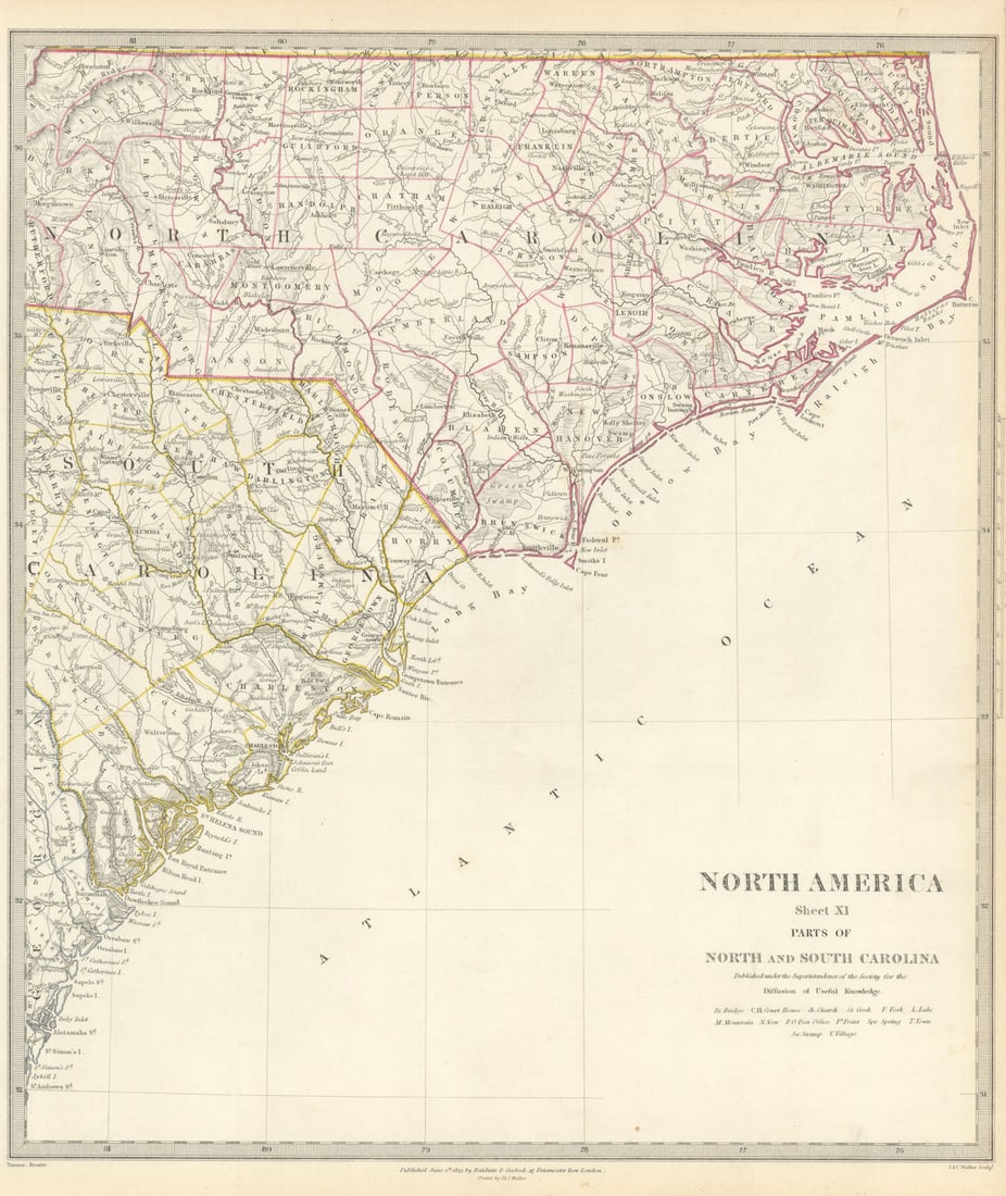 USA. Coastal North & South Carolina. Charleston.Cape Hatteras. SDUK 1844 map (1 of 1)