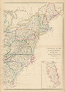 The United States of North America. USA Atlantic States. LOWRY 1860 old map: CAPTION PRINTED BELOW PICTURE: The United States of North America. Atlantic States and Valley of the Mississippi. (in two sheets) [East Sheet] DATE PRINTED: 1860 IMAGE SIZE: Approx 52.5 x 37.0cm, 20.7