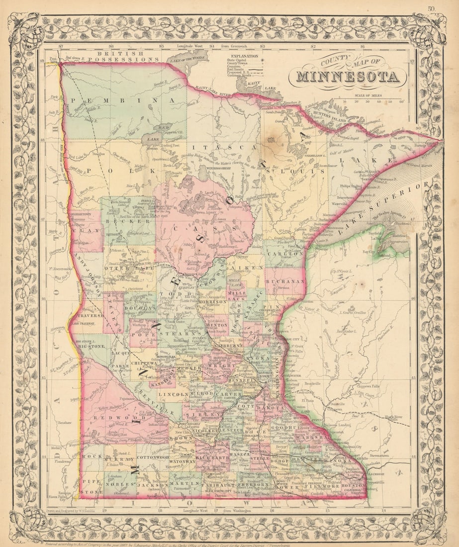 County map of Minnesota by Samuel Augustus Mitchell. State map 1869 old (1 of 1)