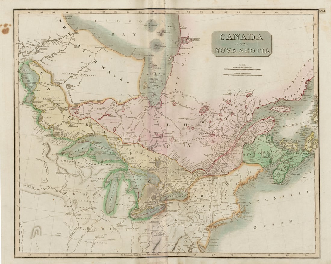 Canada and Nova Scotia by John Thomson. British North America 1817 old map: TITLE/CONTENT OF MAP: Canada and Nova Scotia [or British dominions in America]The New Brunswick / Maine border predates the Aroostook War of 1838–1839, as a result of which the present border wa
