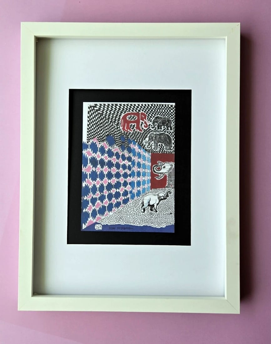 Pedro Friedeberg Signed Print 16x12" – Optical Maze with Surreal Elephants (1 of 2)