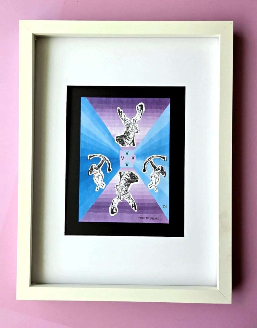 Pedro Friedeberg Signed Print 16x12" – Surreal Bunny Mandala on Gradient Rays: PEDRO FRIEDEBERG Add a collector's gem to your space with this framed print by renowned Mexican surrealist and designer Pedro Friedeberg. Known for his intricate, symbolic, and architectural compositi