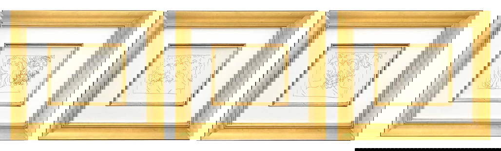 Picasso Set of 3 framed prints from Metamorphoses.: These Three remarkable prints by Pablo Picasso feature metamorphoses scenes. Each print is beautifully framed in a high-quality Gold leaf wood frame, each 18x15 inches Artist: Pablo Picasso Country: S