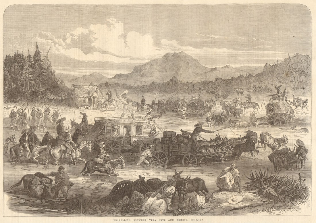 Travelling between Veracruz & Mexico City. Coaches Horses 1867 old print: TITLE OF THE PRINT: 'Travelling between Vera Cruz and Mexico' DATE PRINTED: 5 January 1867 IMAGE SIZE: Approx Overall page size: 39 x 26cm, 15 x 10 inches; image size as shown: 24.5 x 35.0cm, 9.75 x 1