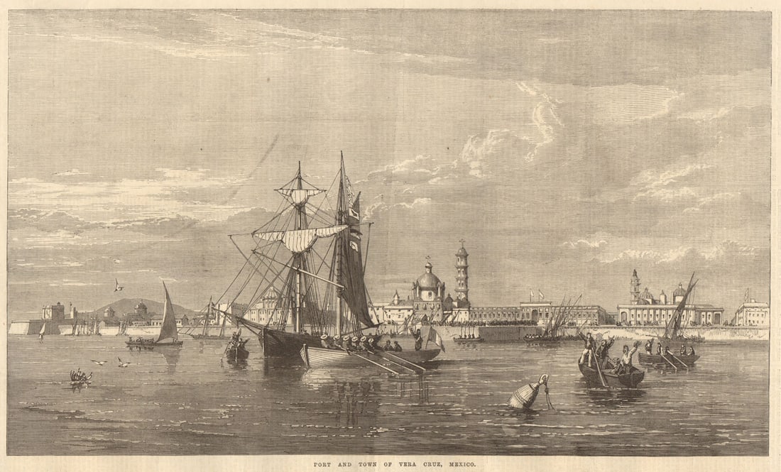 Port & town of Veracruz, Mexico 1867 old antique vintage print picture: TITLE OF THE PRINT: 'Port and town of Vera Cruz, Mexico' DATE PRINTED: 13 July 1867 IMAGE SIZE: Approx Overall page size: 39 x 26cm, 15 x 10 inches; image size as shown: 21.0 x 35.0cm, 8.25 x 13.75 in