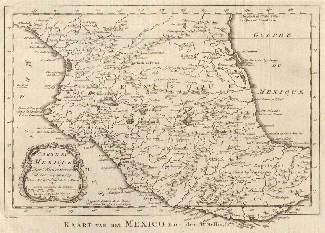 Carte du Mexique'. Central Mexico. BELLIN / SCHLEY 1758 old antique map chart: CAPTION PRINTED BELOW PICTURE: Carte du Mexique [Map of Mexico] Central Mexico DATE PRINTED: 1758 IMAGE SIZE: Approx 21.5 x 30.0cm, 8.5 x 11.75 inches (Large); Please note that this is a foldi