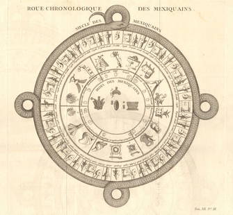 Roue Chronologique des Mexiquains'. Mexico. Pre-columbian Atzec calendar 1754: CAPTION PRINTED BELOW PICTURE: Roue Chronologique des Mexiquains [Chronological wheel of the Mexicans] DATE PRINTED: 1754 IMAGE SIZE: Approx 26.5 x 28.5cm, 10.25 x 11.25 inches (Large); Please note th