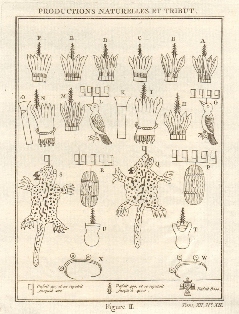 Aztec tributes & products. Birds feathers wild cat / jaguar skins 1754 print: CAPTION PRINTED BELOW PICTURE: Productions naturelles & Tribut, Fig. II [Production of goods and tributes] DATE PRINTED: 1754 IMAGE SIZE: Approx 21.0 x 16.0cm, 8.25 x 6.25 inches (Medium) TYPE: Antiqu