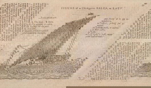 A Guayaquil Balza or Raft in South America. Ecuador. Pre-Columbian Balsa 1750: CAPTION PRINTED BELOW PICTURE: Figure of a Guayaquil Balza, or Raft [in South America] DATE PRINTED: 1750 IMAGE SIZE: Approx 11.0 x 19.0cm, 4.25 x 7.5 inches (Small) TYPE: Antique copperplate print. A