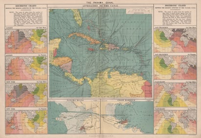 PANAMA CANAL approaches. Isochronic charts before/after opening. Colon 1918 map