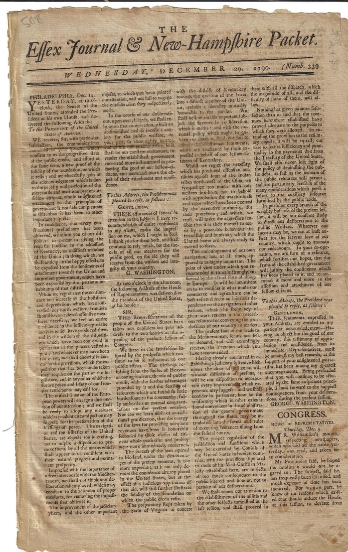 1790 Newspaper George Washington Constitution: The December 29, 1790 issue of "The Essex Journal and New Hampsire Packet", printed at Newbury Port by John Mycall. Four pages complete. Important content in this issue with front page having correspo