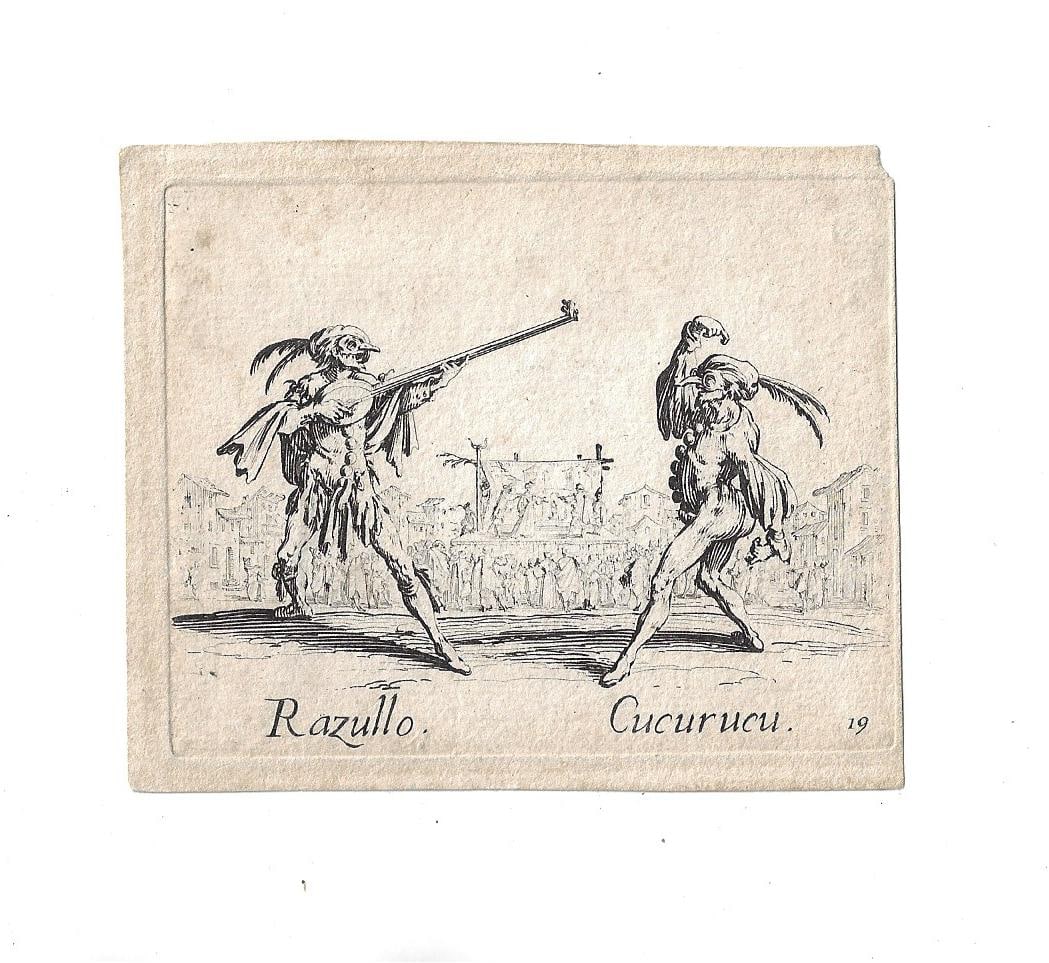 1635 Jacques Callot Razullo Cucurucu Dance Music: An engraving by Jacques Callot (1592-1635) from his series "Balli di Sfessania" being dance of Razullo and Cucurucu. Originally issued in 1622, this printing circa 1635. Platemark 19. Fine condition,
