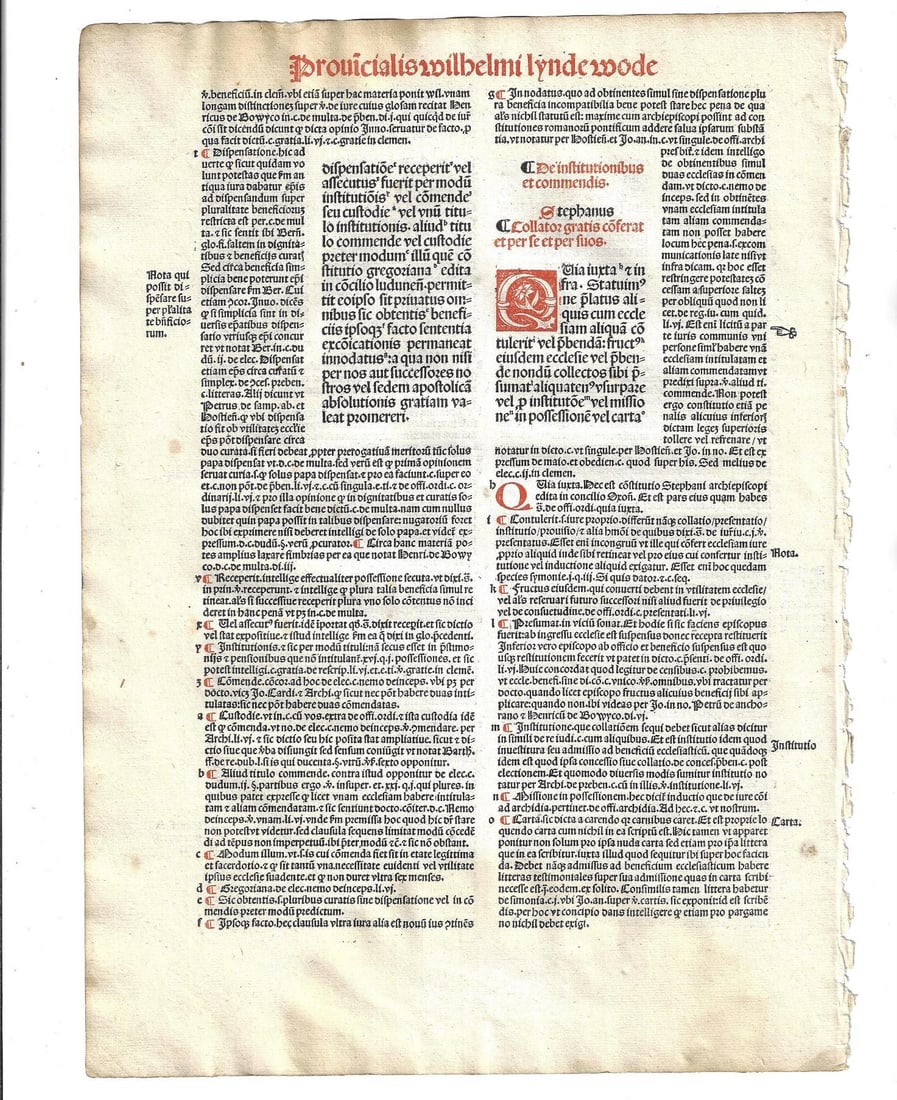 1501 Law Leaf Canterbury Lynewood: A leaf from "Provinciale Seu Constitutiones Anglie", by William Lyndewood, printed at Paris by Andre Bocard in 1501. In red and black with one initial, the leaf with Ecclesiastical laws established at