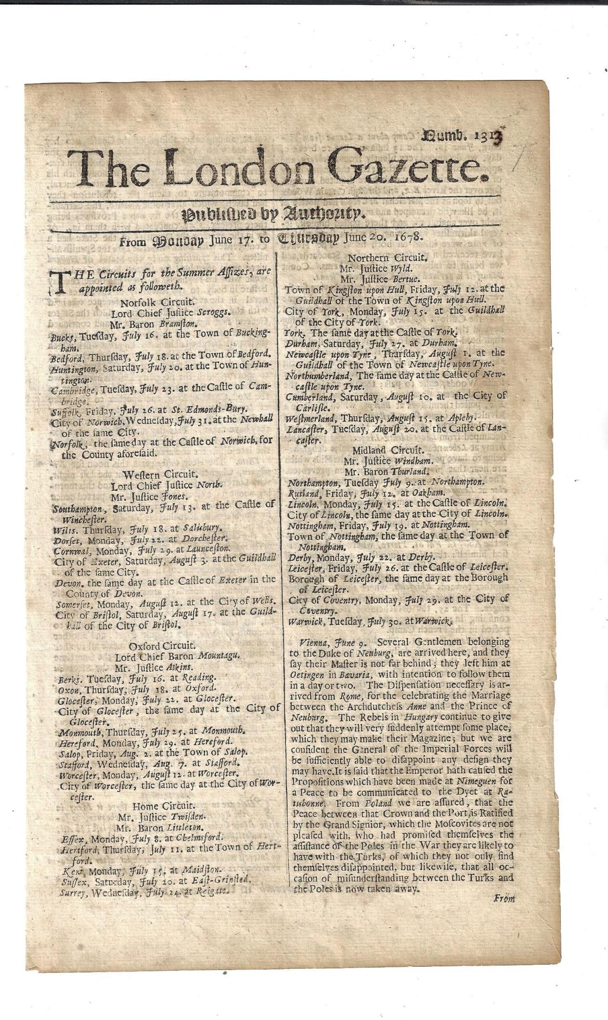 1678 London Gazette War News Hungary (1 of 2)