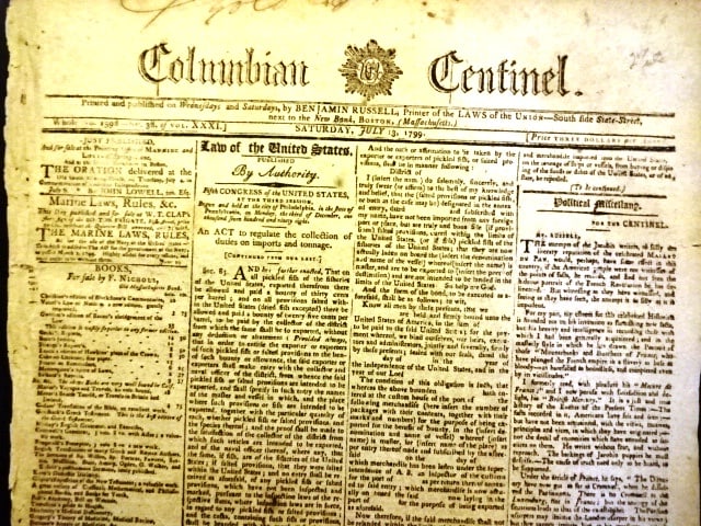 1799 Boston Newspaper Treasury Circular Nice Ads (1 of 3)