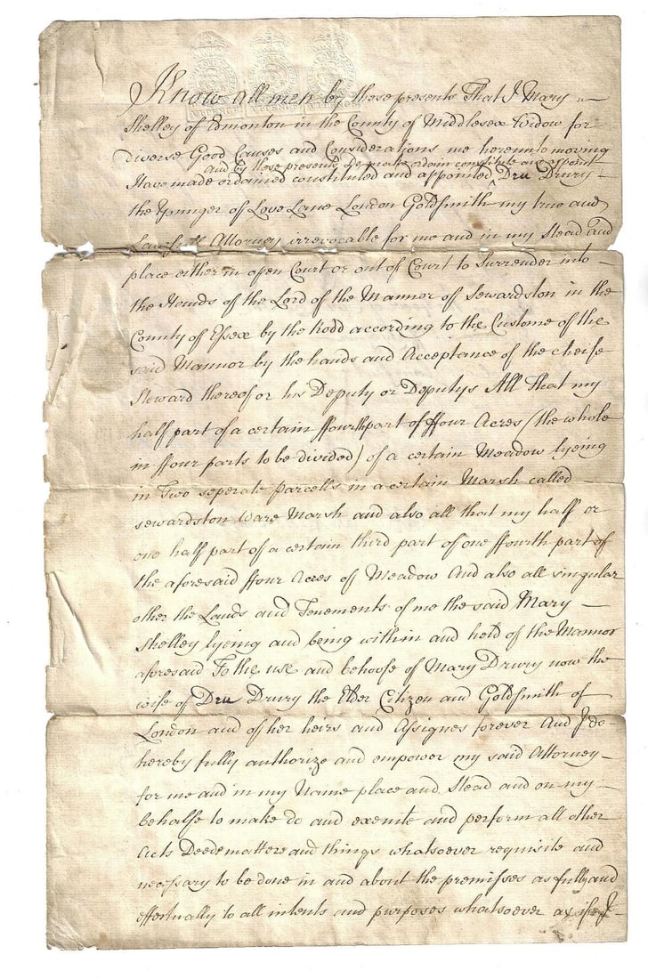 1744 English Power of Attorney Goldsmith of London: English manuscript Power of Attorney dated 1744 whereby a Mary Shelley, appoints Dru Drury of London, a Goldsmith, as her power of attorney on lands in the manor Sewardston in Essex. Red wax seal and 