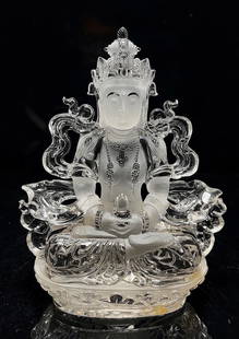 Hand-carved Natural White Crystal Buddha Statue w Certificate: Title: Hand-carved Natural White Crystal Buddha Statue w Certificate Date/Period: After2025 Origin: Chinese Dimension: 175x140x68(mm) 6.89x5.51x2.68(inches) Weight 2.08 lbs/945g Materials: White Cryst