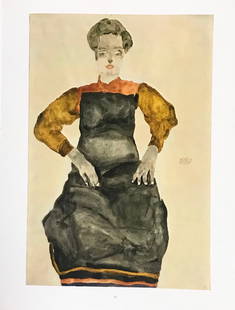1981 Egon Schiele 12 Erotic Drawing Seated girl in black apron: Artist: Egon Schiele Country: Austria Title: Seated girl in black apron Medium: Offset - 12 Paper: Heavy paper 16 x 12 inch Published: by Edizioni Gabriele Mazzotta Provenance: Egon