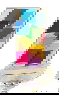 Lucite Acrylic sculpture Multi Color by Grace Absi: A sculpture of a Lucite block handcrafted in the interiors with a geometric motif, laminated together on a clear, thick base, and hand-signed by the artist Grace Absi. It is in fine condition and