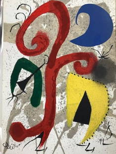 Joan Miro lithograph signed Jardin au Clair de Lune 1973: Artist: Joan Miro Country: Spain Title: Jardin au Clair de Lune Medium: Original Lithograph Marks: Signed in plate, not numbered Printed: 1973 by Mourlot France Paper: Vellum 13 x 9.5 inch Prove