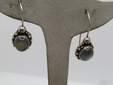 Vintage Sterling Drop Earrings, Boho, Glass Stones, 1980's-1990, Pierced