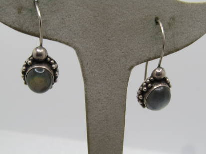 Vintage Sterling Drop Earrings, Boho, Glass Stones, 1980's-1990, Pierced: Vintage Sterling Drop Earrings, Boho, Glass Stones, 1980's-1990, Pierced. These have a long hook post with ring to clip into on the back of the drop. The earrings are appx. 1-1/8" long and 1/2" wide.