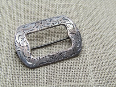 Vintage Sterling Engraved Brooch - Open Rectangular, C-Clasp, 1920's-1930's