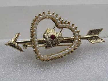 Vintage Faux Pearl Heart & Arrow Brooch, 1950's-1960's