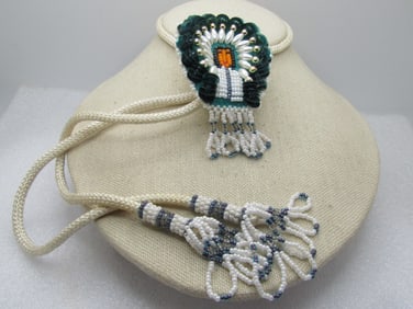 Vintage Beaded/Sequins Chief Bolo Tie, White/Green/Gray, 34" with Tassels, 1970's-1980's