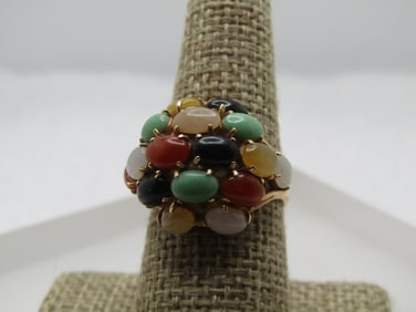 Vintage 14kt Mixed Jade Cluster Ring, Sz. 9, Signed MK, 1980's-1990's