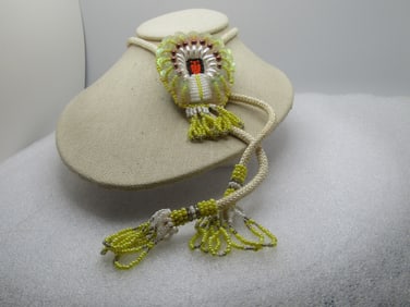 Vintage Beaded/Sequins Chief Bolo Tie, Yellow & White, 34" with Tassels, 1970's-1980's