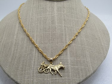 Vintage 14k Harness Racing Horse Pendant on 18" 10kt G.F. Chain, 1980's
