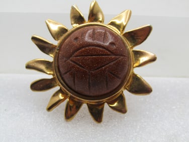 Vintage Carved Goldstone Sun Brooch, , 1970's-1980's.