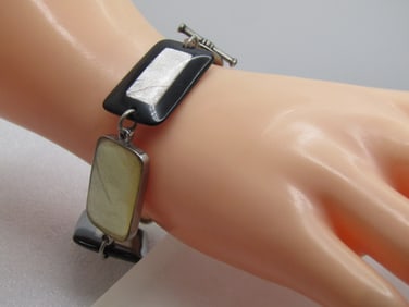 Vintage Mother-of-Pearl Bracelet, 8", Black Framed, 1980's-1990's