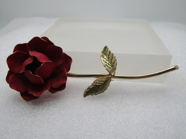 Vintage Red Enameled Long Rose Brooch, 1960's, 4.5"