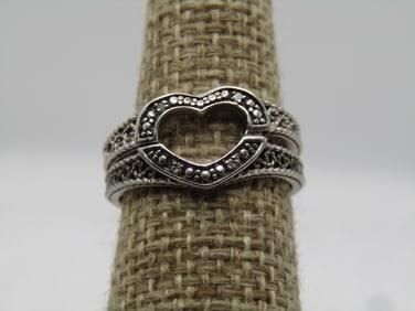 Vintage Sterling 2 Pc. Heart Ring, Diamond Chips, Sz. 6. I Love You. 1980's