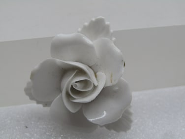 Vintage Painted White Rose Porcelain Brooch, Signed Denton with a crown, England, 1960's
