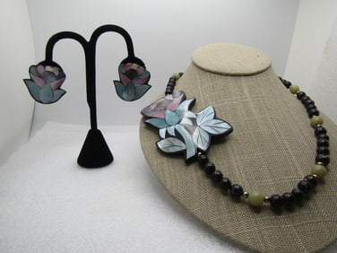 Vintage Inlaid MOP Floral Necklace & Earrings Set, Lee Sands, 1970's-1980's, 26"