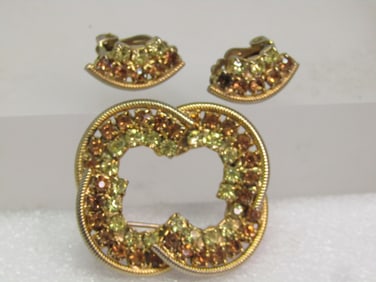 Vintage Citrine and Amber Rhinestone Demi Parure, 1950's, Clip Earrings