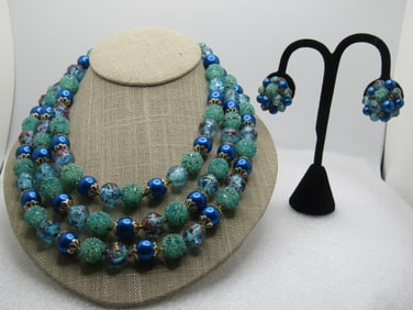 Vintage Triple Strand Blue/Aqua Necklace Earrings, 1940's-1950's, Hong Kong