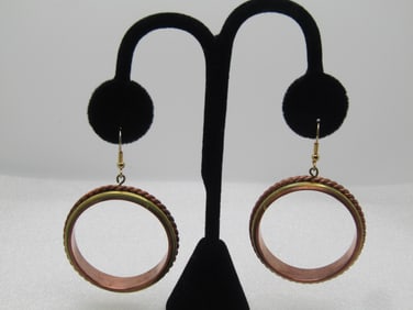 Vintage Large Copper/Brass Hoop Earrings, Pierced, 1960's-1970's