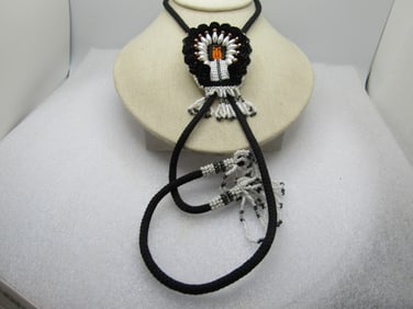Vintage Beaded/Sequins Chief Bolo Tie, White/Black/Gray, 36" with Tassels, 1970's-1980's