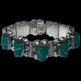 Estate Tribal Green Carved Stone & Sterling Iguala VCC Bracelet