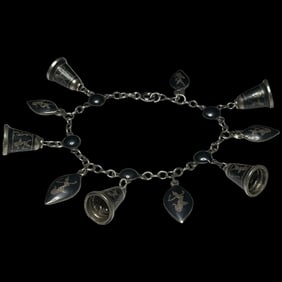Vintage Sterling Silver Siamese Charm bracelet with Siam Niello Bells and Dancers
