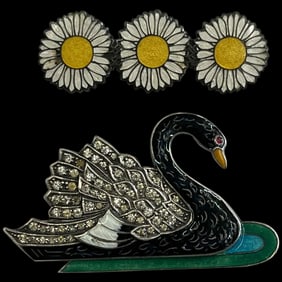 Vintage Sterling and Enamel Daisy and Swan Brooches