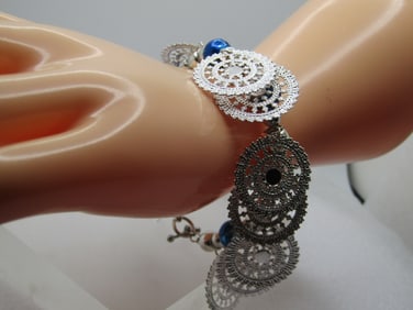 Blue Beaded Filigree Drop Charm Bracelet, 8", Toggle, Signed, 1990's